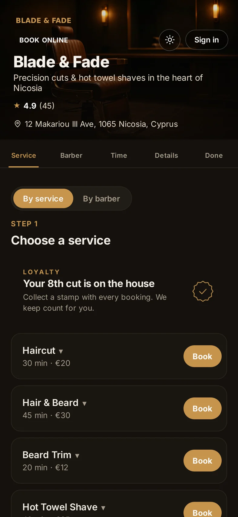 Booking page on a phone: choose a service