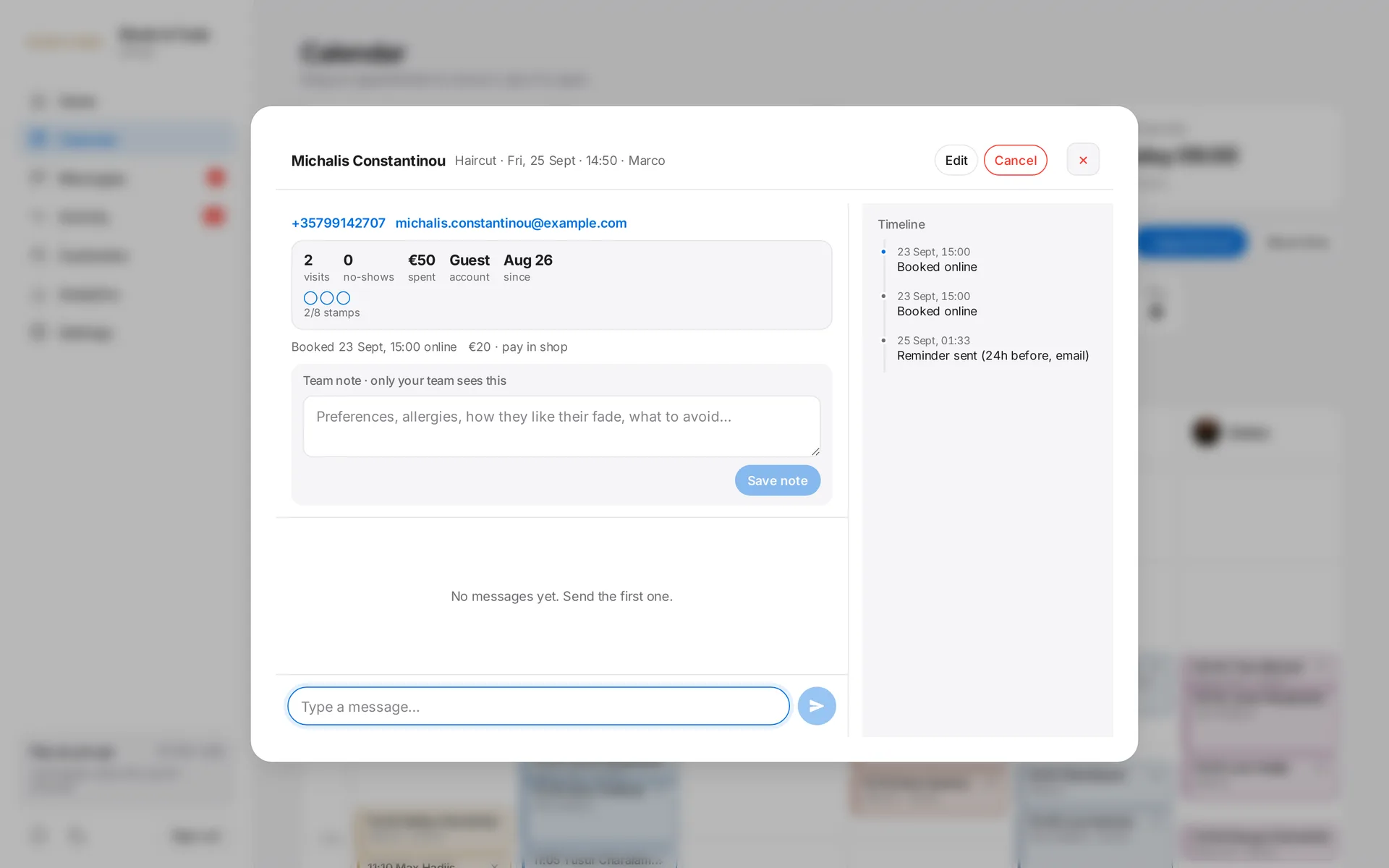 Appointment dialog with visits, spend, loyalty, team note and timeline