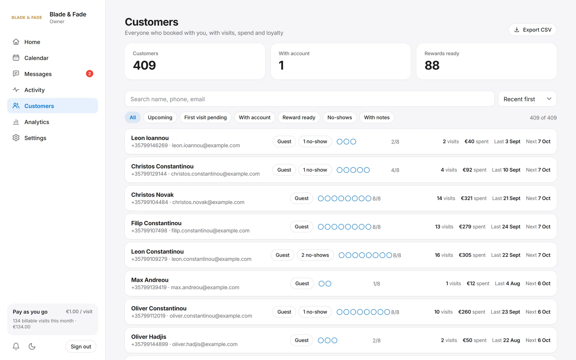 Customer list with visits, spend, loyalty and filters