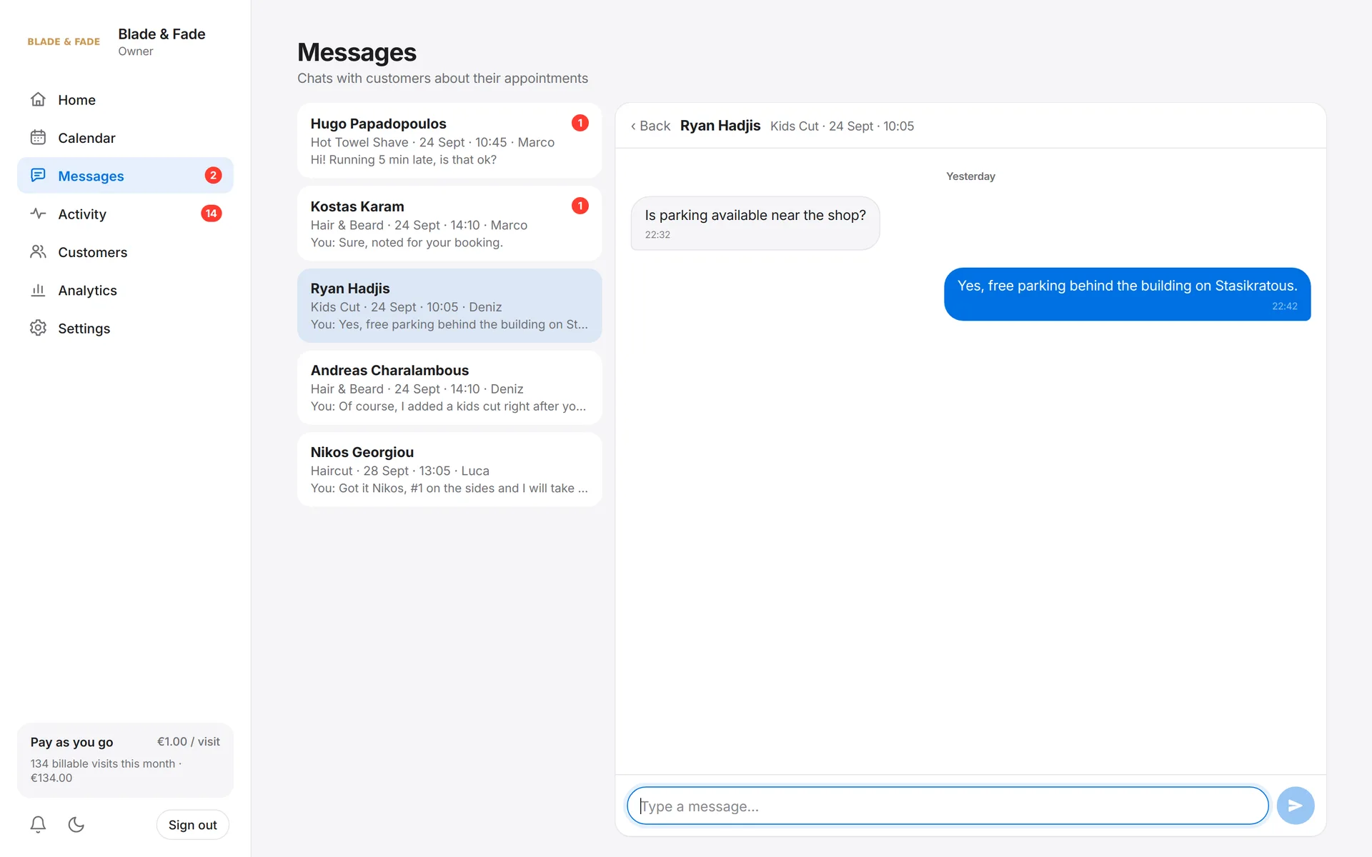 Inbox with customer chats