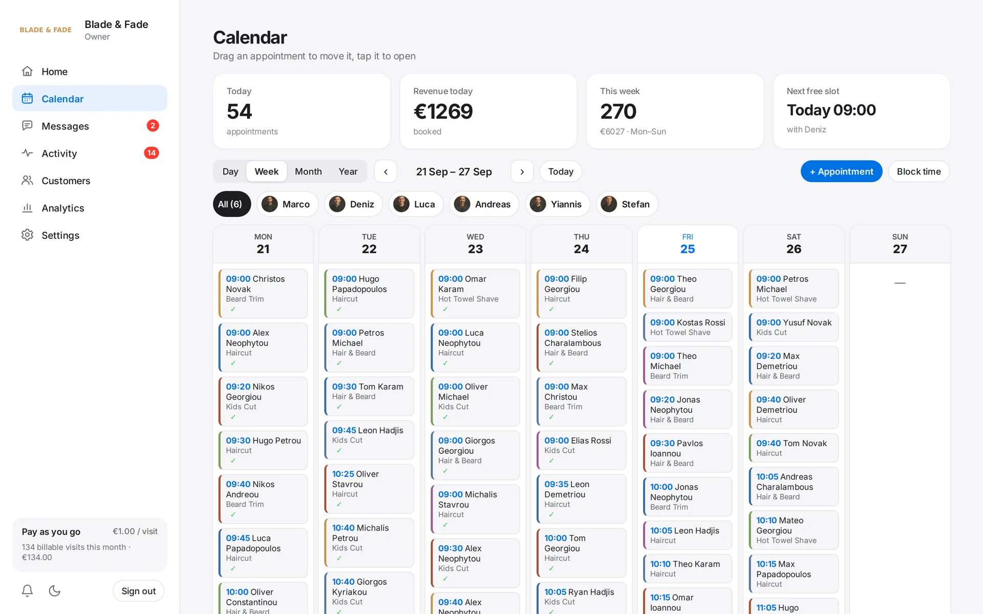 Week view with all bookings
